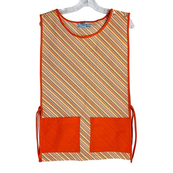 Retro 70s Angelica Striped Apron Vest Sz L Pockets Orange Yellow Kitchy Kitchen - Picture 1 of 11